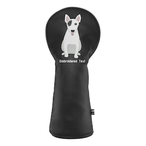 Fundas de cuero sintético para palos de golf Bull Terrier: fundas para driver, maderas de calle, híbridos y protector con etiqueta numerada intercambiable.