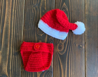 Newborn Crochet Outfit - Newborn Photo Shoot Prop - Newborn Photo Outfit - Santa Outfit, Christmas Photos Outfit, Newborn Santa Hat & Diaper