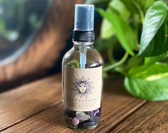 Spray infundido con cristales de protección • Spray ambiental de alta vibración • Spray Aura • Spray de lino • Con aroma a sándalo • Regalo espiritual • Amante de los cristales