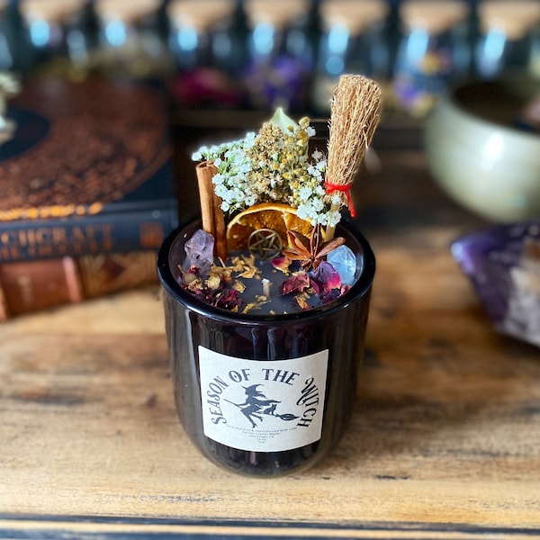 Season Of The Witch Candle , Witchy Decor, Halloween, Spooky Season Gift, Witchcraft Lover, Spiritual Gift, Unique Handmade Crystal Candle