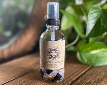 Cleanse & Clear Smudge Spray• Crystal Infused High Vibe Room Spray  • Aura Spray • Linen Spray •  Hickory and Suede • Housewarming Gift •