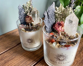 Soul Healing Intention Candle boordevol kristallen, kruiden en bloemen - 100% sojawas, geparfumeerd met drijfhout en amberhout, kristallen kaars