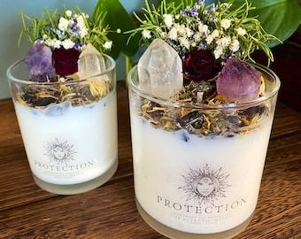 Protection Intention Candle Packed With Crystals, Flowers and Herbs- Soy Wax, fragranced with Sandalwood