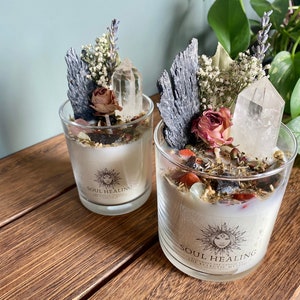Soul Healing Intention Candle Packed With Crystals, Herbs and Flowers 100% Soy wax, fragranced with Driftwood & Amberwood, Crystal Candle image 1