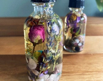 Stress Relief & Happiness Oil, Relaxing Crystal flower and Herb Infused Body Oil, Spiritual Gift, Manifest Relaxation Present, Witchy Spell