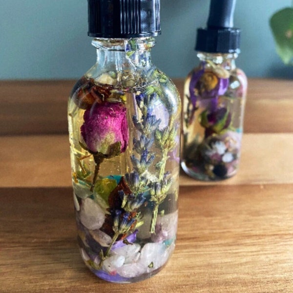 Stress Relief & Happiness Oil, Relaxing Crystal flower and Herb Infused Body Oil, Spiritual Gift, Manifest Relaxation Present, Witchy Spell