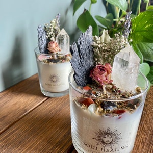 Soul Healing Intention Candle Packed With Crystals, Herbs and Flowers 100% Soy wax, fragranced with Driftwood & Amberwood, Crystal Candle image 6