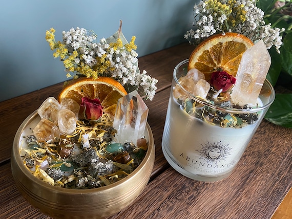 Abundance Intention Candle Packed with Crystals, Herbs and Flowers- Fragranced With Citrus, Crystal Candle
