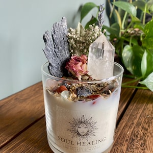 Soul Healing Intention Candle Packed With Crystals, Herbs and Flowers 100% Soy wax, fragranced with Driftwood & Amberwood, Crystal Candle image 7