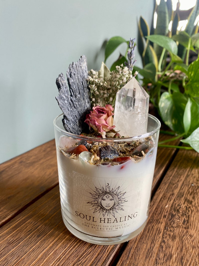 Soul Healing Intention Candle Packed With Crystals, Herbs and Flowers 100% Soy wax, fragranced with Driftwood & Amberwood, Crystal Candle image 7