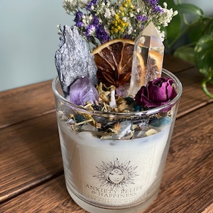 Anxiety Relief & Happiness Intention Candle packed with crystals, herbs and flowers- 100% Soy Wax, Handmade Crystal Candle