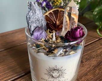 Anxiety Relief & Happiness Intention Candle packed with crystals, herbs and flowers- 100% Soy Wax, Handmade Crystal Candle