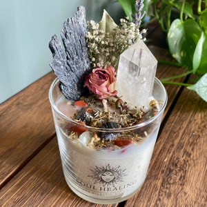 Soul Healing Intention Candle Packed With Crystals, Herbs and Flowers 100% Soy wax, fragranced with Driftwood & Amberwood, Crystal Candle image 2