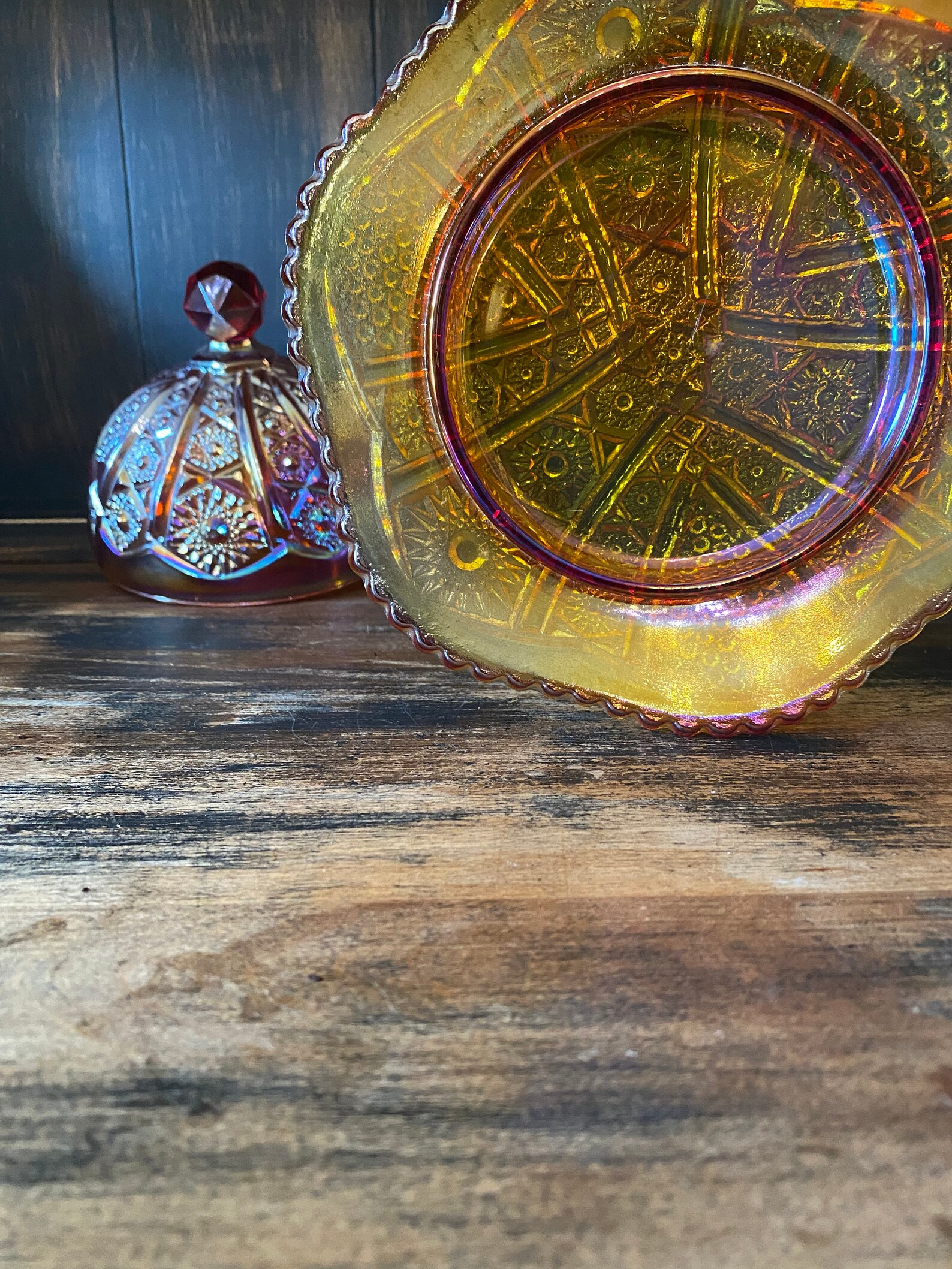 Indiana Glass Co. Carnival Glass Butter Dish Red Yellow Etsy