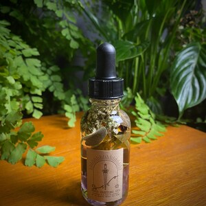 May include: A clear glass bottle with a black dropper top, filled with liquid and herbs. A label on the bottle reads "Cord Cutting Oil" with a sword and sun design. The bottle is on a wooden surface, with green foliage in the background.