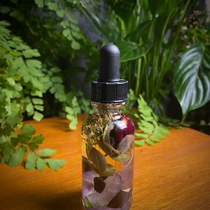 May include: A clear glass bottle with a black dropper top, filled with a clear liquid and botanical elements. The bottle contains purple crystals, green leaves, and a dark red flower. The background features green foliage.
