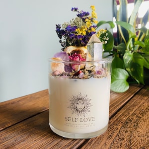 Self Love Intention Candle With Crystals, Herbs & Flowers- Black Jasmine Soy Wax, Crystal Candle, Crystal Gif Gift, Love Candle, Empowerment