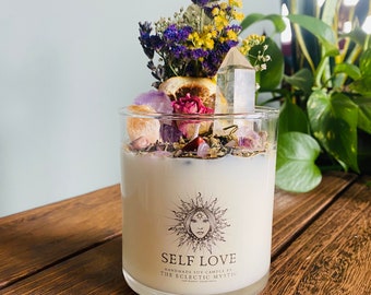 Self Love Intention Candle With Crystals, Herbs & Flowers- Black Jasmine Soy Wax, Crystal Candle, Crystal Gif Gift, Love Candle, Empowerment