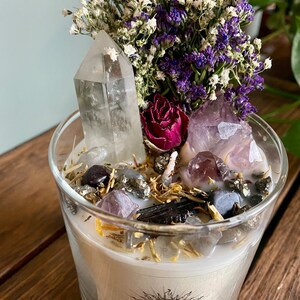 Protection Intention Candle With Crystals Flowers & Herbs Soy Wax Sandalwood Crystal Candle, Energy Protection, House Warming Crystal Gift image 3