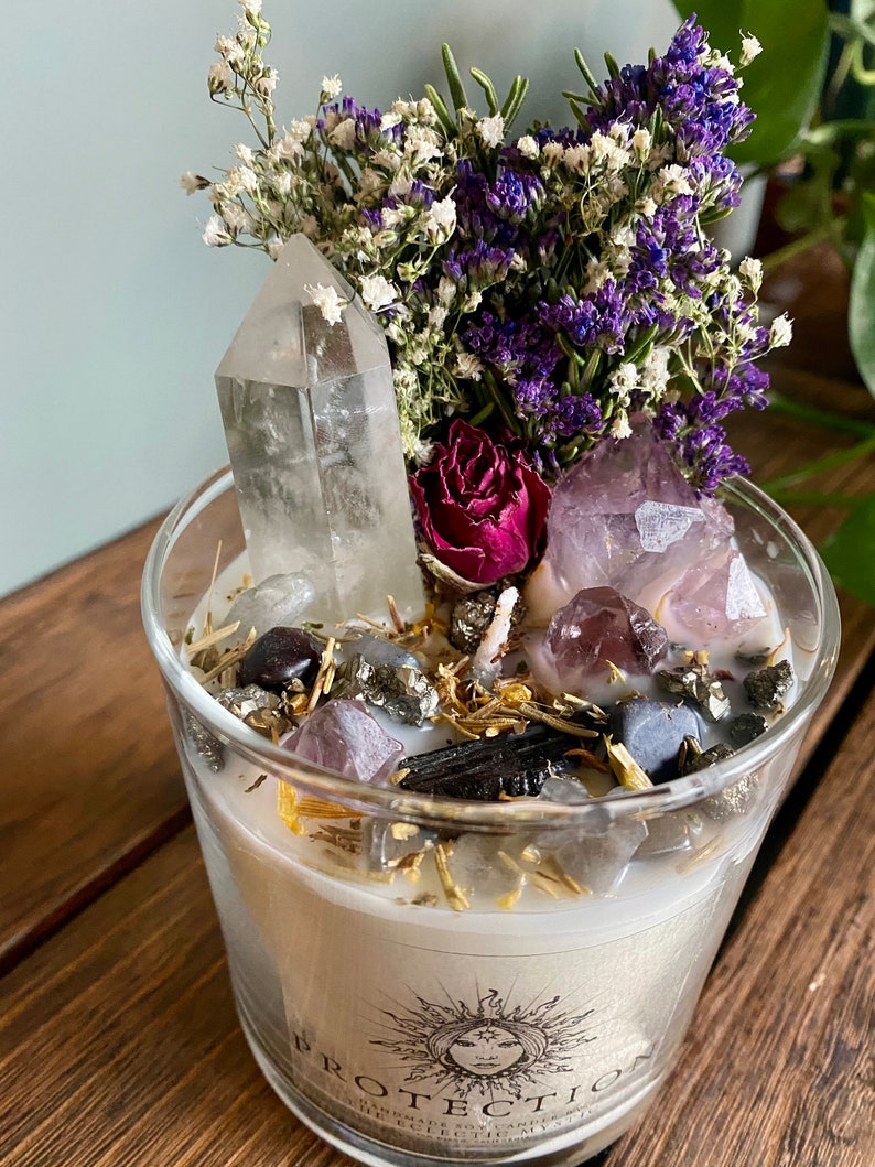 Protection Intention Candle With Crystals Flowers & Herbs Soy Wax Sandalwood Crystal Candle, Energy Protection, House Warming Crystal Gift image 3