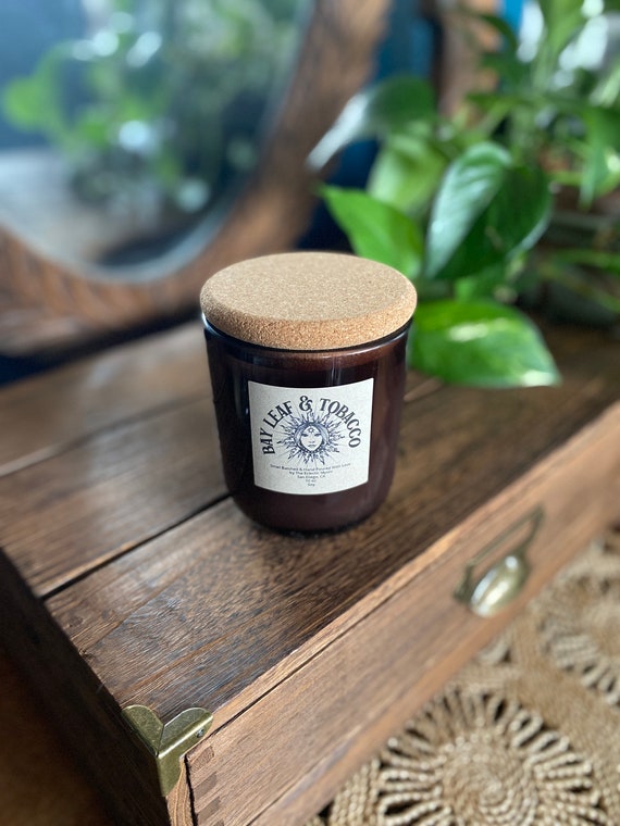 tobacco and bay leaf candle & Medium Jar  Sandalwood Cedar Candle Soy wax is a balanced fragrance carrier and burns slower so your candle lasts longer Bay Leaf & Tobacco 