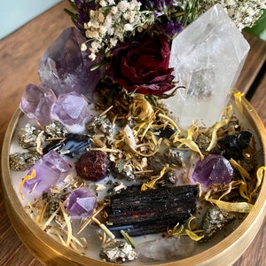 Protection Intention Candle With Crystals Flowers & Herbs Soy Wax Sandalwood Crystal Candle, Energy Protection, House Warming Crystal Gift image 5