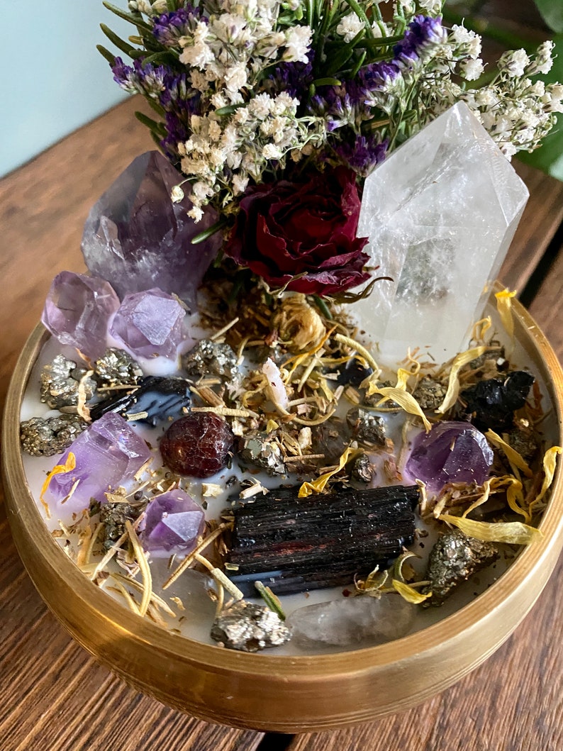 Protection Intention Candle With Crystals Flowers & Herbs Soy Wax Sandalwood Crystal Candle, Energy Protection, House Warming Crystal Gift image 5