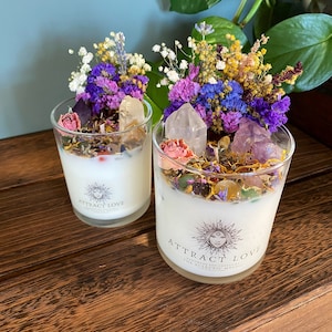Attract Love Intention Candle Packed With Crystals, Herbs & Flowers- Hand Poured 100% Soy Wax fragranced, Crystal Candle
