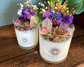 Attract Love Intention Candle Packed With Crystals, Herbs & Flowers- Hand Poured 100% Soy Wax fragranced, Crystal Candle