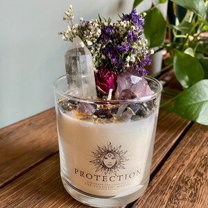 Protection Intention Candle With Crystals Flowers & Herbs Soy Wax Sandalwood Crystal Candle, Energy Protection, House Warming Crystal Gift image 4