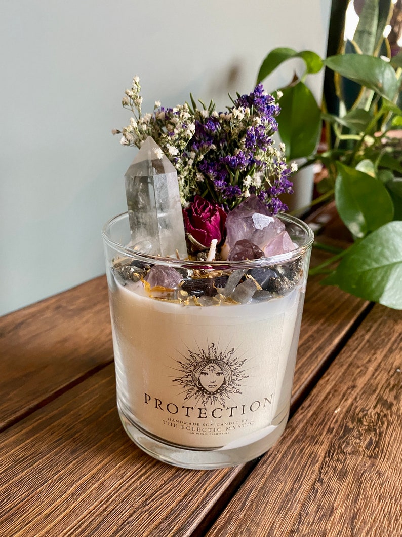 Protection Intention Candle With Crystals Flowers & Herbs Soy Wax Sandalwood Crystal Candle, Energy Protection, House Warming Crystal Gift image 4