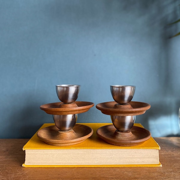 Set of four wood and stainless steel egg cups / mid century egg cups / vintage egg cups / retro egg cups / mid century kitchen / mcm home