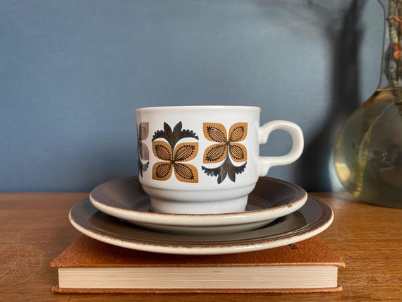 Vintage 1970s Staffordshire Ironstone Trio: Floral Cup, Brown