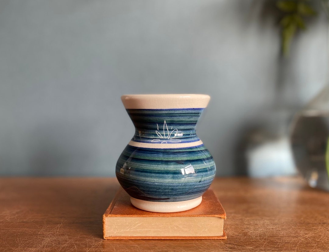 Vintage Dragon Pottery, Rhayader, Wales, Blue, Green and Cream Striped