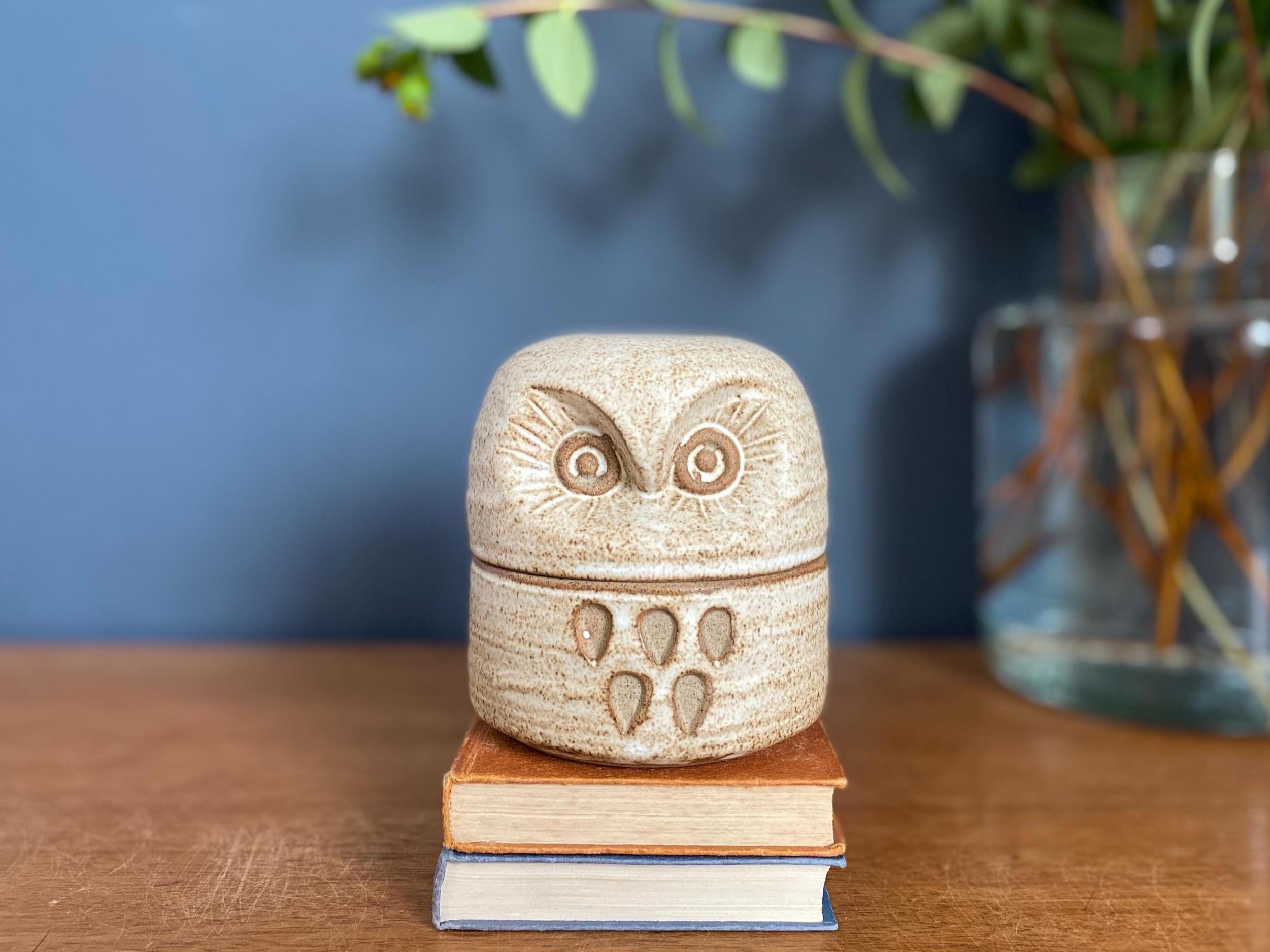 Vintage Ceramic Owl Trinket Box: Brown Speckled Storage Jar