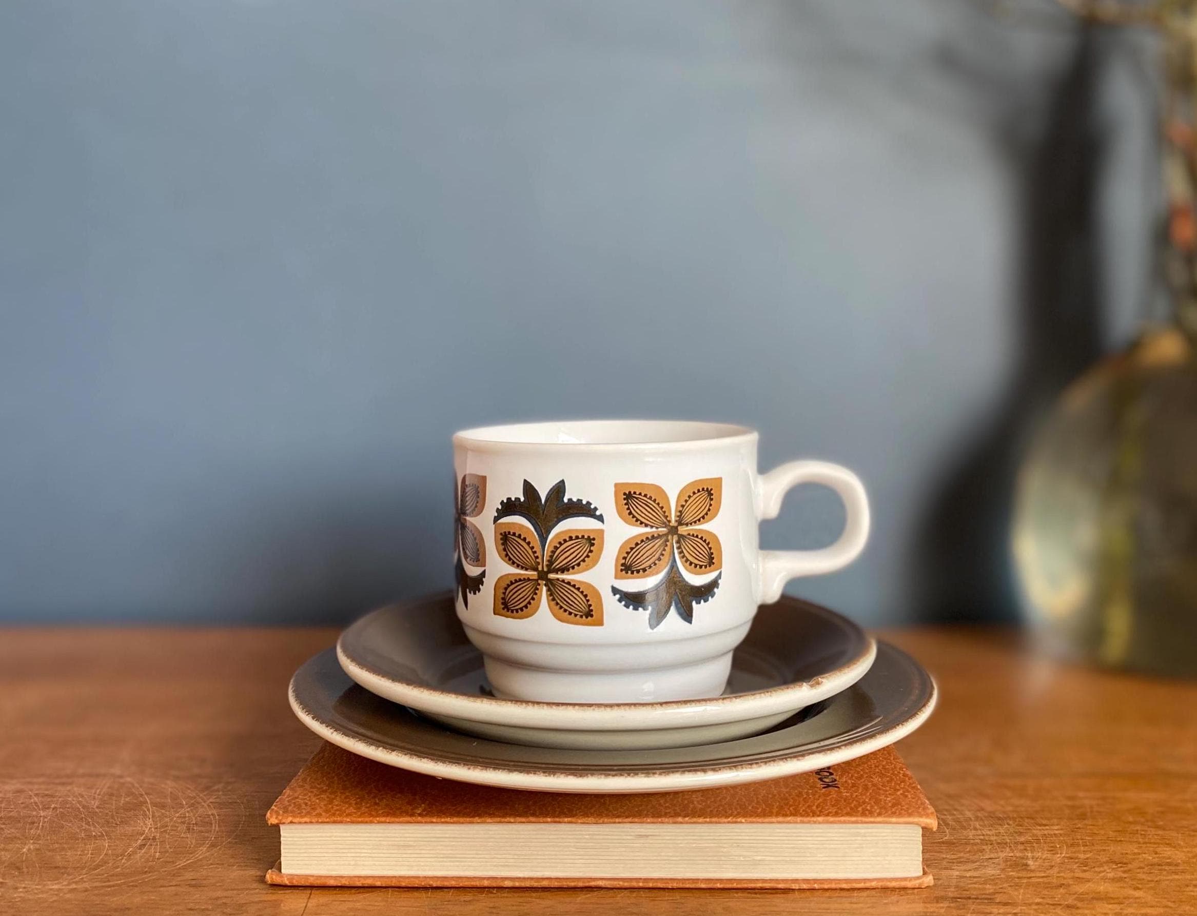 Vintage 1970s Staffordshire Ironstone Trio: Floral Cup, Brown