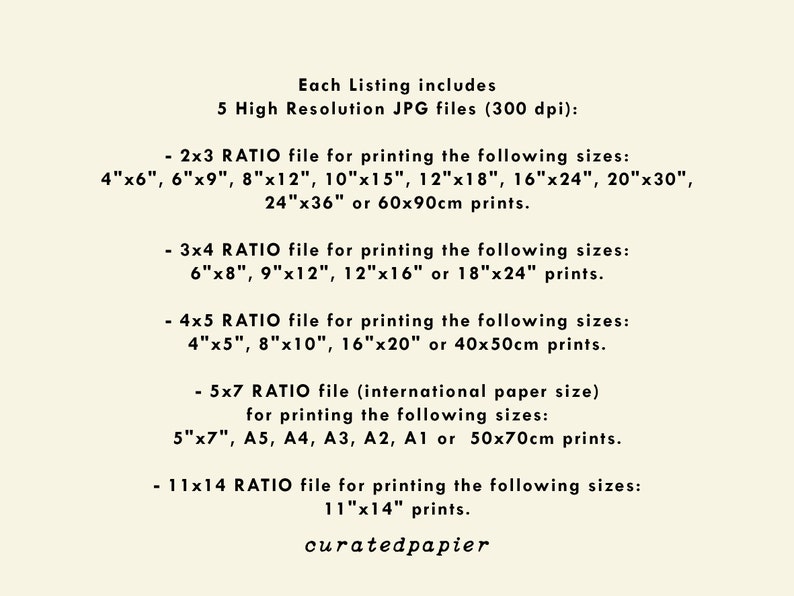 May include: Text on a white background describing the different sizes of digital files included in a listing. The text includes the ratios of the files, such as 2x3, 3x4, 4x5, 5x7, and 11x14. The text also includes the dimensions of the files in inches and centimeters.
