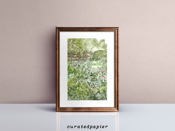 Garden Painting | Watercolor Art | Watercolor and Ink Art | Garden Landscape | Spring Artwork | Instant download art print