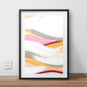 May include: Abstract art print with a white background and colorful brushstrokes in shades of pink, yellow, and gray. The brushstrokes are layered and create a sense of depth and movement.
