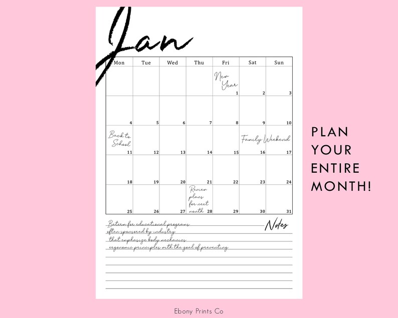 2021 Monthly Calendar Vertical 12 Months Planner Printable Etsy