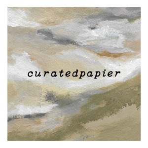 May include: Abstract art piece with a textured, layered appearance. The color palette includes shades of white, beige, gray, and olive green. The text "curatedpapier" is written in black cursive font across the bottom of the image.