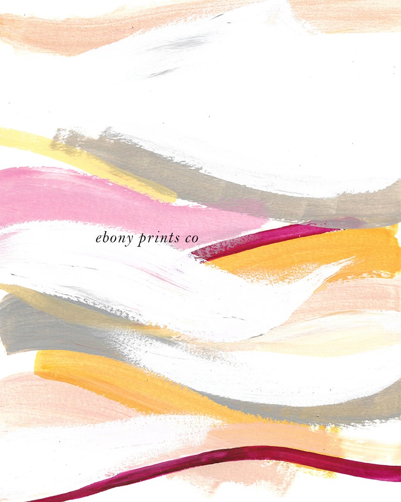 May include: Abstract art print with a white background and colorful brushstrokes in shades of pink, yellow, orange, and gray. The text "ebony prints co" is centered in the middle of the print.
