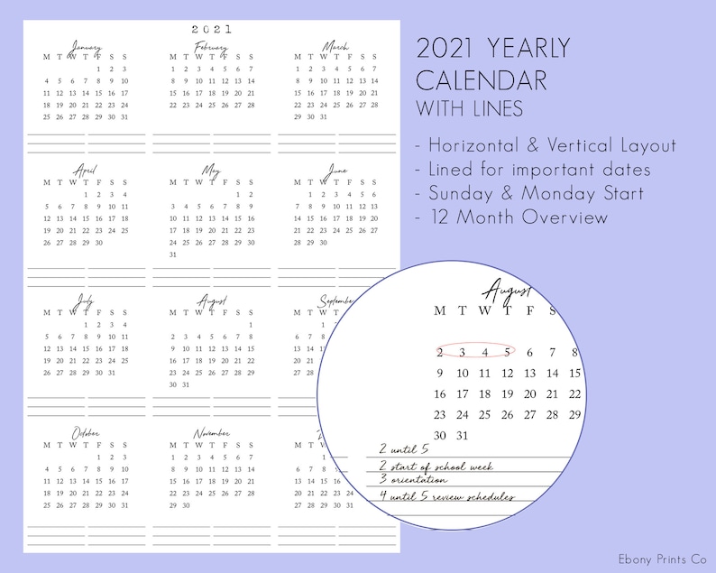 2021 Calendar With Lines 12 Months Year at a Glance Insert ...