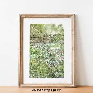May include: A watercolor painting of a garden scene with a wooden fence, green foliage, and pink flowers.