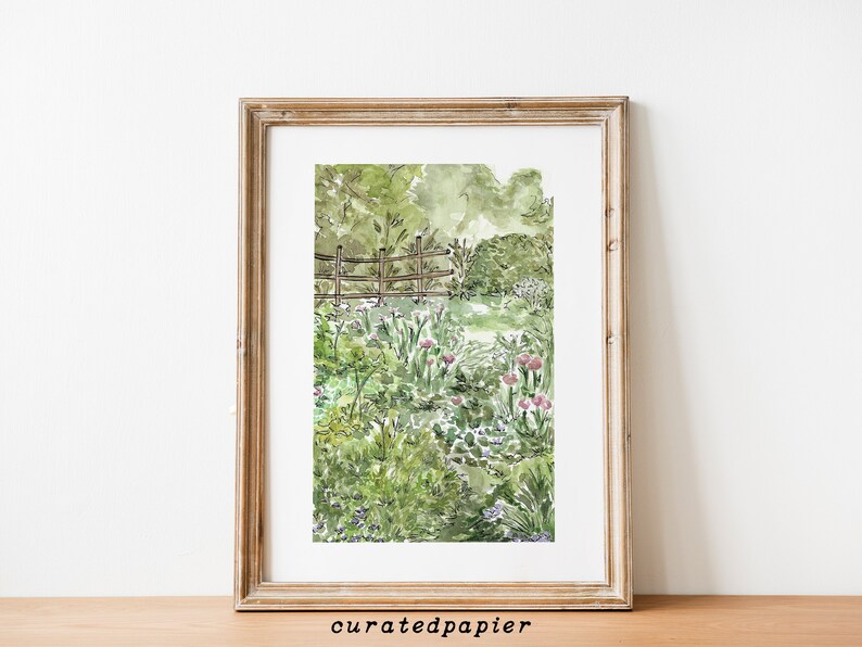 May include: A watercolor painting of a garden scene with a wooden fence, green foliage, and pink flowers.