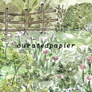 May include: A watercolor painting of a garden scene with a wooden fence in the background. The garden is filled with green foliage and pink flowers. The text "curatedpapier" is written in black lettering in the center of the image.