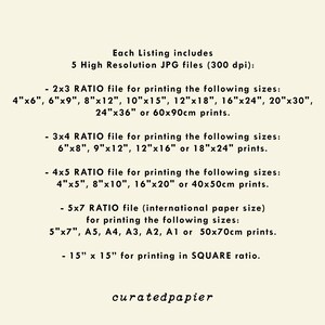 May include: Cream-colored image with text detailing print sizes and file types. Includes 2x3, 3x4, 4x5, and 5x7 ratio files, with sizes ranging from 4"x6" to 24"x36" and 15"x15" square. The text also mentions 5 high-resolution JPG files.