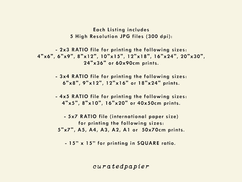 May include: Cream-colored image with text detailing print sizes and file types. Includes 2x3, 3x4, 4x5, and 5x7 ratio files, with sizes ranging from 4"x6" to 24"x36" and 15"x15" square. The text also mentions 5 high-resolution JPG files.