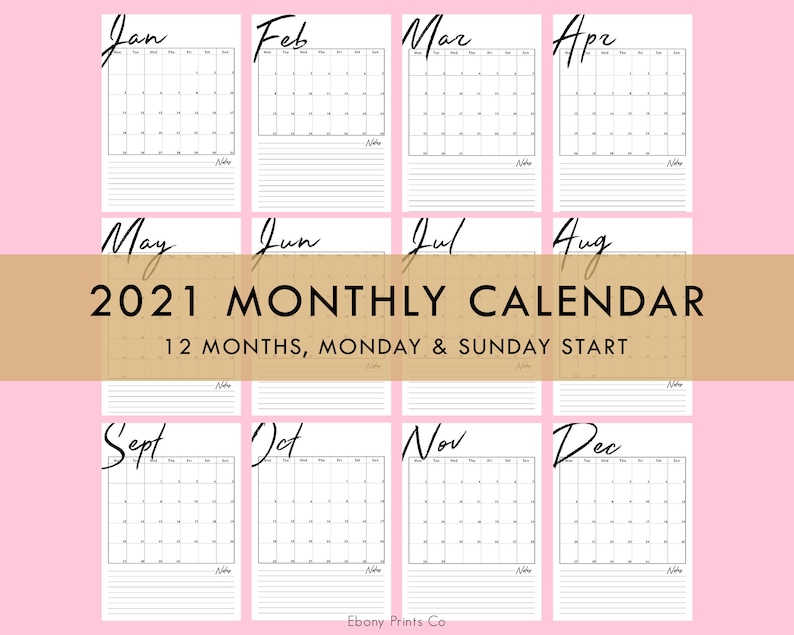 2021 Monthly Calendar Vertical 12 Months Planner Printable ...