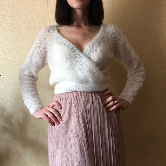 Women Knit Mohair Jacket Custom Order Wedding White Sweater Bridesmaid Clothes Cropped Cape of the Bride Ballet Wrap Thin Pullover Belt